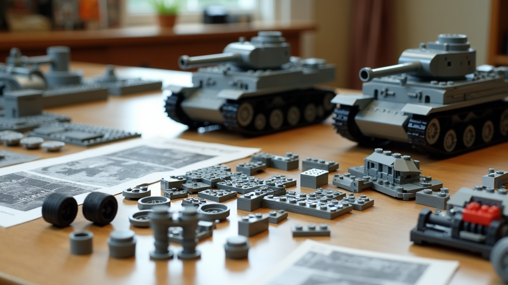 Display of multiple LEGO Panzer III builds on shelf with diorama backdrop